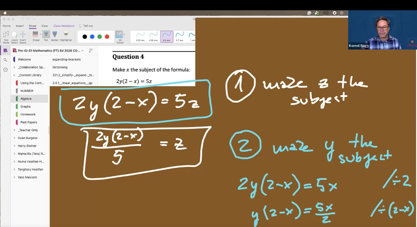 Mr Nagy working through making x the subject of a formula on a shared whiteboard