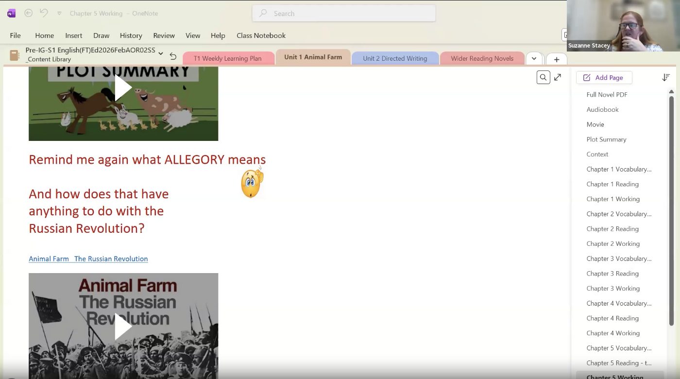 OneNote class notebook showing an Animal Farm allegory discussion